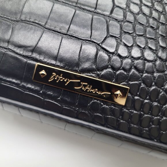 Betsey Johnson Black Satchel Crocodile Print Handbag Purse w/ Scarf Two Handle - Picture 4 of 11